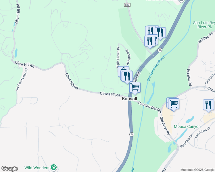 map of restaurants, bars, coffee shops, grocery stores, and more near 5821 Triple Crown Place in Bonsall