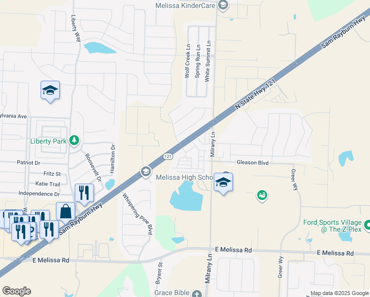 map of restaurants, bars, coffee shops, grocery stores, and more near 3200 Timberline Drive in Melissa