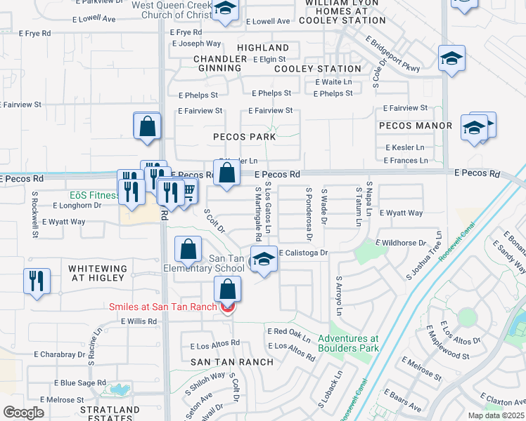 map of restaurants, bars, coffee shops, grocery stores, and more near 3301 South Martingale Road in Gilbert
