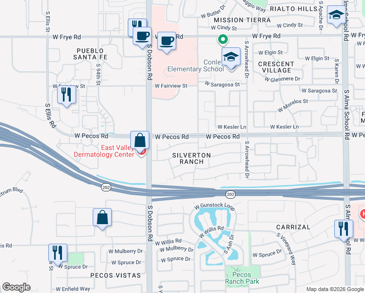 map of restaurants, bars, coffee shops, grocery stores, and more near 1810 West Derringer Way in Chandler