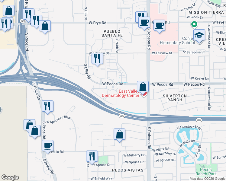 map of restaurants, bars, coffee shops, grocery stores, and more near 2475 West Pecos Road in Chandler