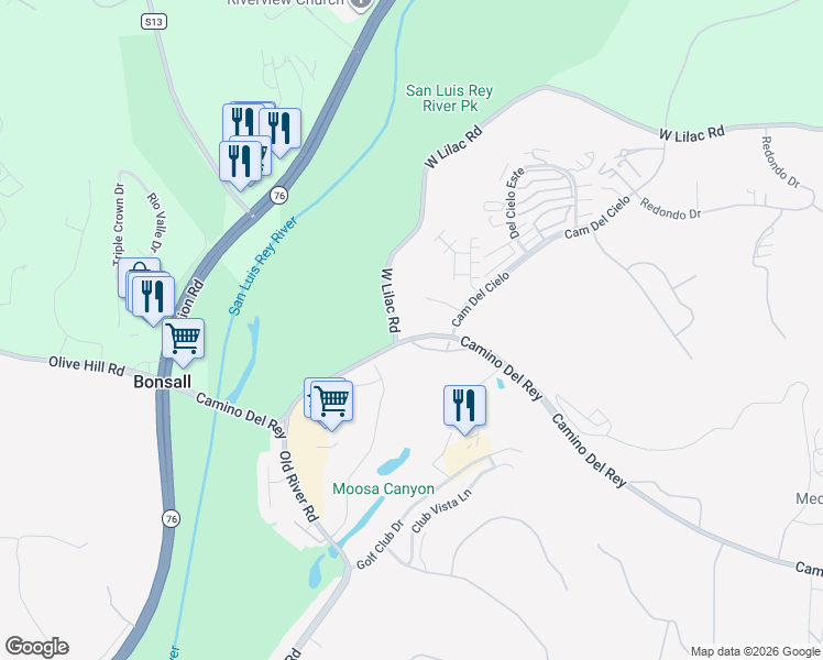 map of restaurants, bars, coffee shops, grocery stores, and more near 5431 West Lilac Road in Bonsall