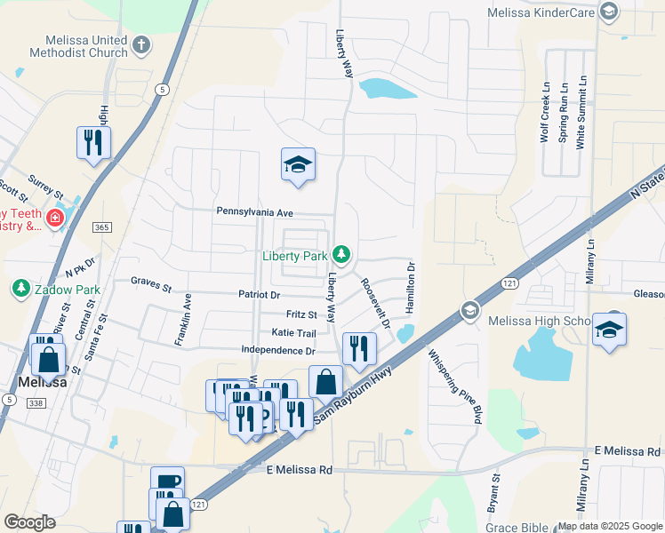 map of restaurants, bars, coffee shops, grocery stores, and more near Liberty Dr in Melissa