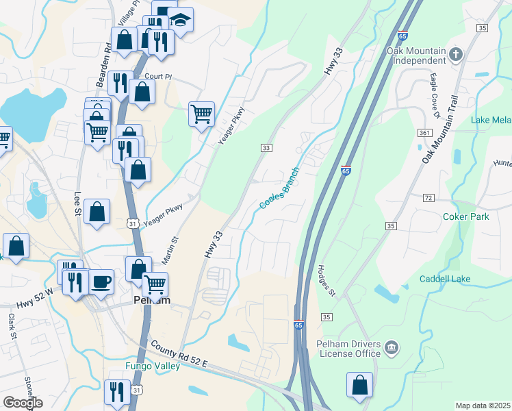 map of restaurants, bars, coffee shops, grocery stores, and more near 135 Hidden Creek Circle in Pelham