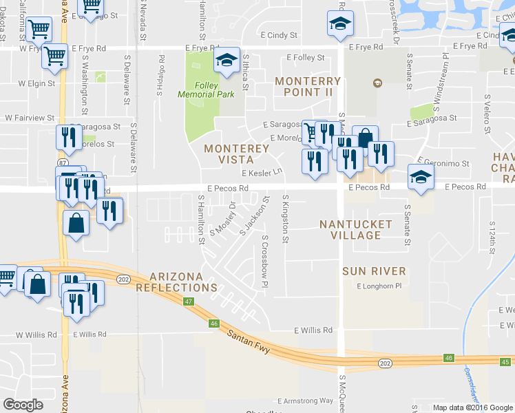 map of restaurants, bars, coffee shops, grocery stores, and more near 1061 South Anvil Place in Chandler