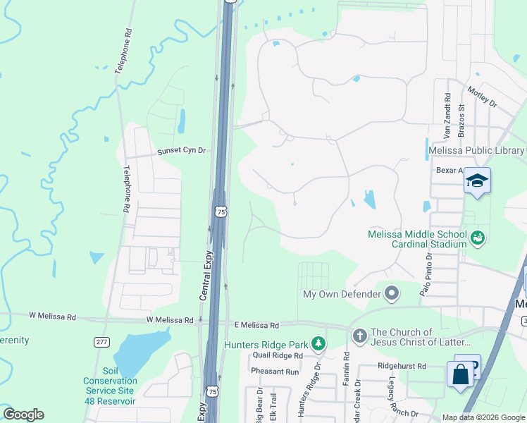 map of restaurants, bars, coffee shops, grocery stores, and more near 17 Brookhollow Circle in Melissa