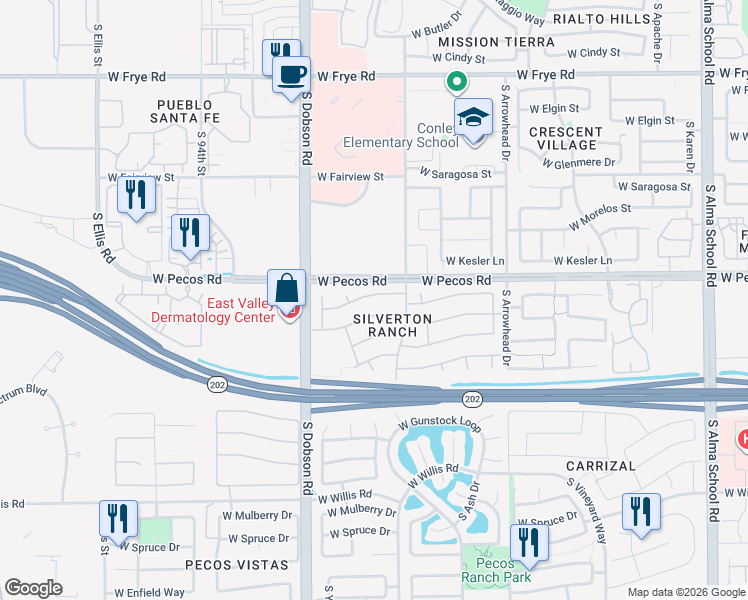 map of restaurants, bars, coffee shops, grocery stores, and more near 1810 West Derringer Way in Chandler