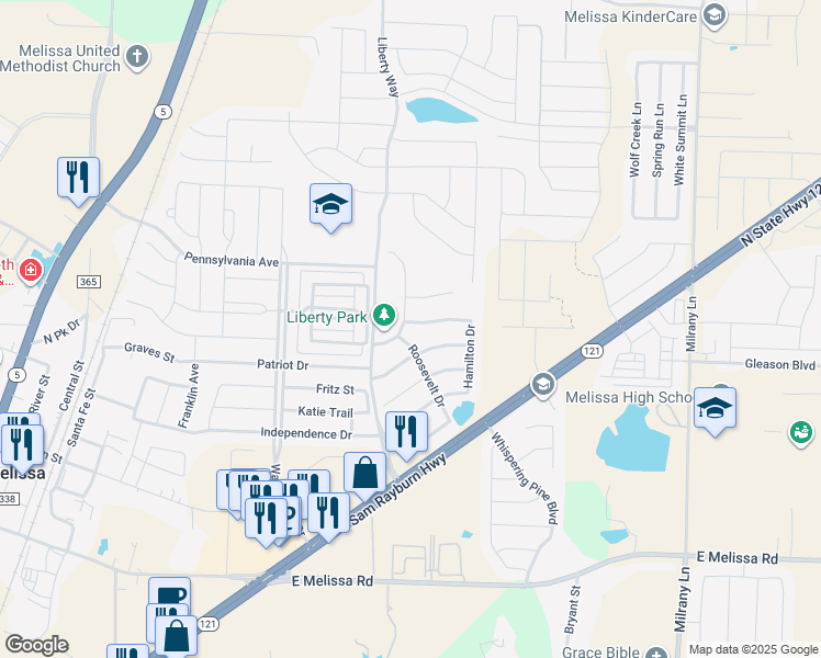 map of restaurants, bars, coffee shops, grocery stores, and more near 3306 Revere Drive in Melissa