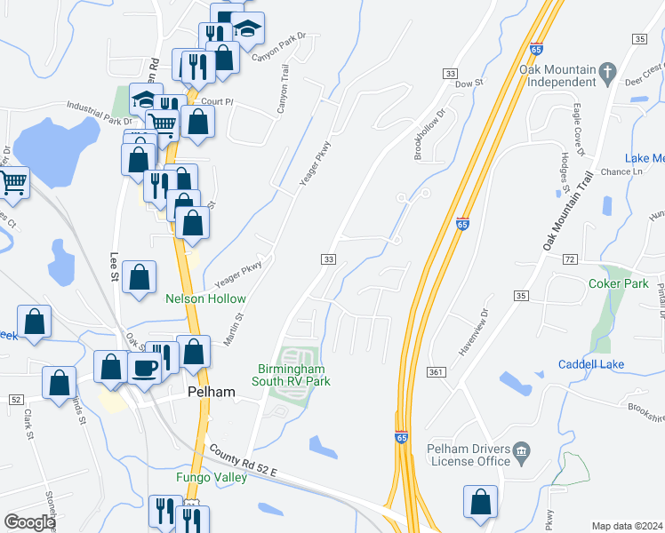 map of restaurants, bars, coffee shops, grocery stores, and more near 134 Hidden Creek Circle in Pelham