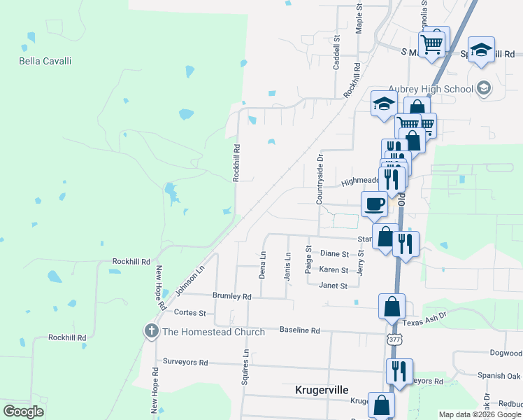 map of restaurants, bars, coffee shops, grocery stores, and more near 362 Highmeadow Drive in Aubrey