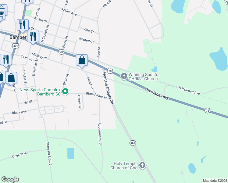 map of restaurants, bars, coffee shops, grocery stores, and more near State Road S-5-147 in Bamberg