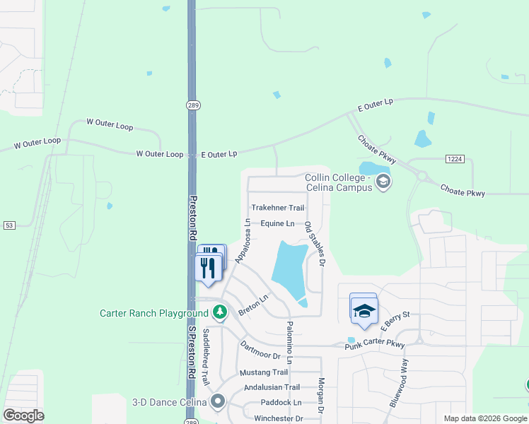map of restaurants, bars, coffee shops, grocery stores, and more near 300 Trakehner Trail in Celina