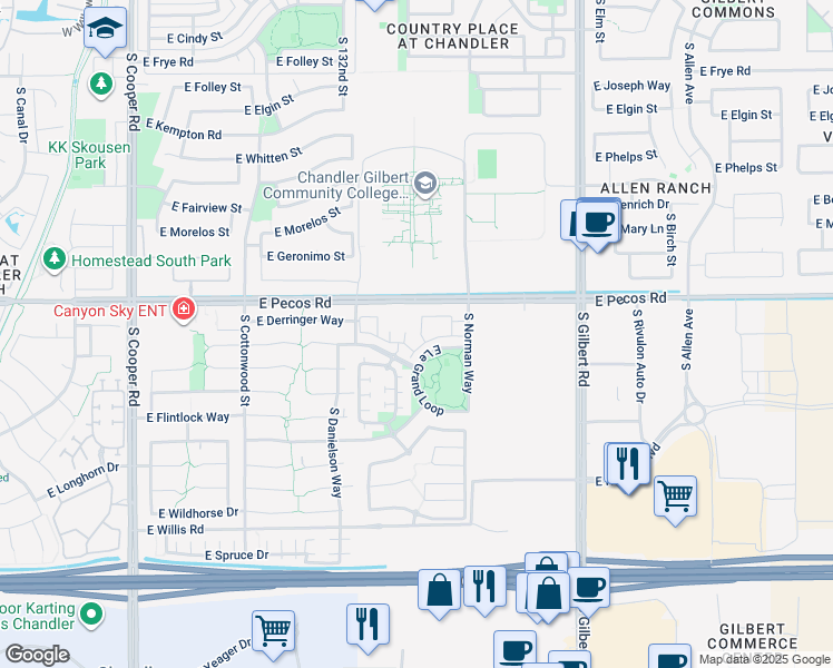 map of restaurants, bars, coffee shops, grocery stores, and more near 2600 East Springfield Place in Chandler