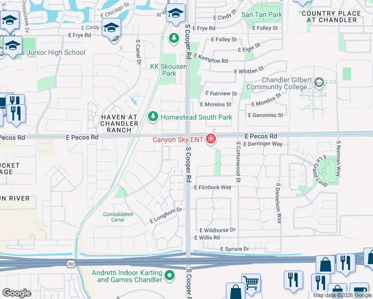 map of restaurants, bars, coffee shops, grocery stores, and more near in Chandler
