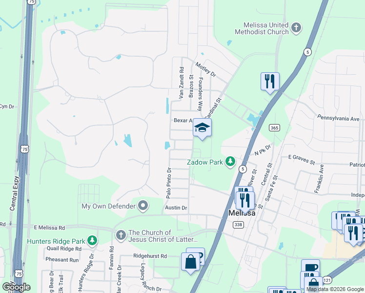 map of restaurants, bars, coffee shops, grocery stores, and more near 1117 Kaufman Road in Melissa