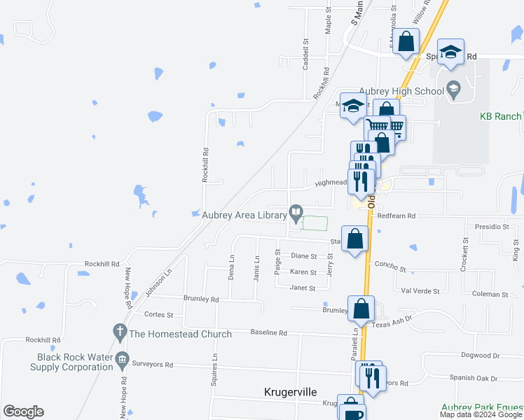 map of restaurants, bars, coffee shops, grocery stores, and more near 325 Glenview Drive in Aubrey