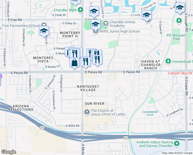 map of restaurants, bars, coffee shops, grocery stores, and more near 1143 East Derringer Way in Chandler