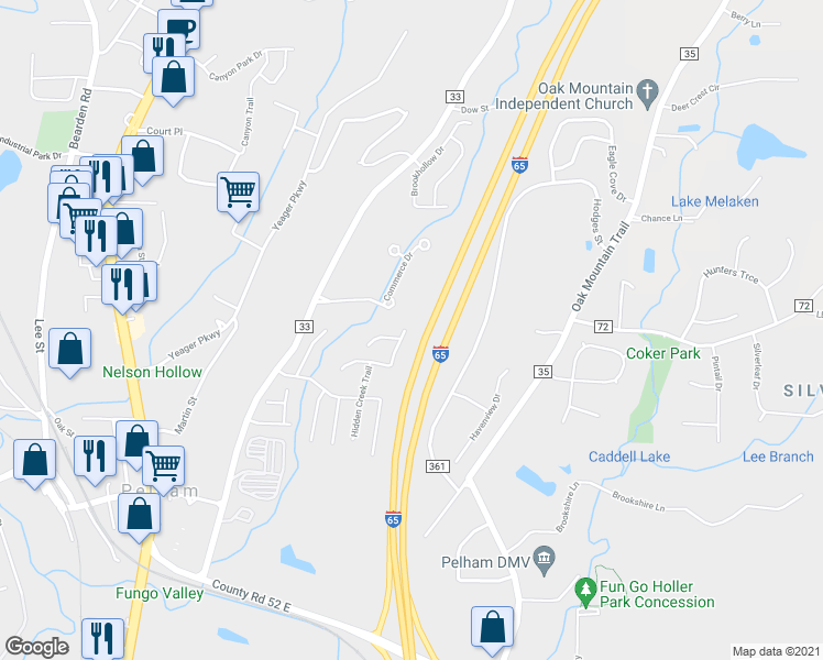 map of restaurants, bars, coffee shops, grocery stores, and more near 175 Hidden Creek Cove in Pelham
