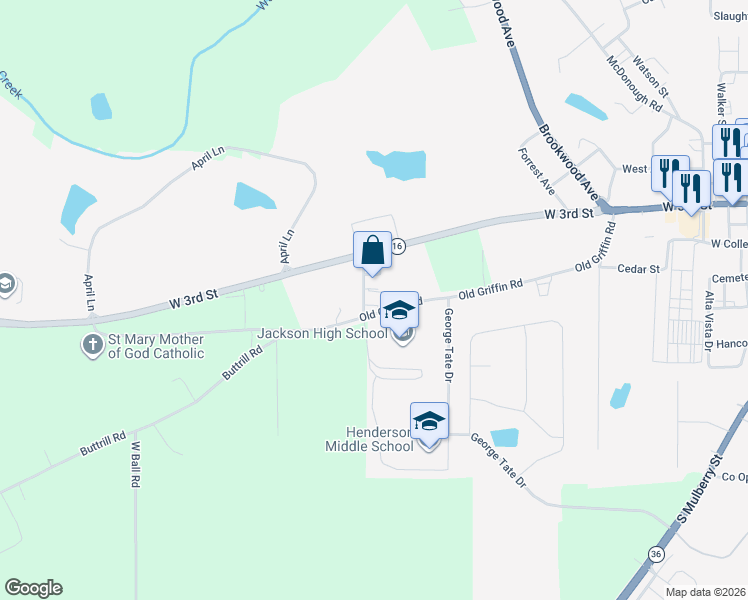 map of restaurants, bars, coffee shops, grocery stores, and more near 116 Imogene Goff Road in Jackson