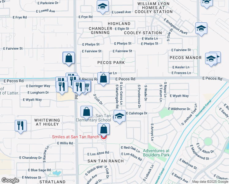 map of restaurants, bars, coffee shops, grocery stores, and more near 3465 East Longhorn Drive in Gilbert