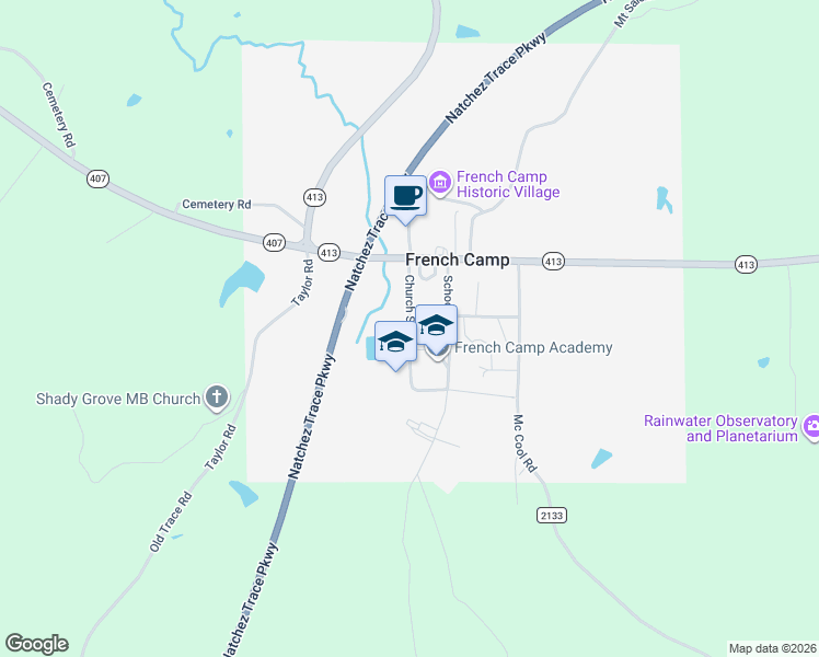 map of restaurants, bars, coffee shops, grocery stores, and more near Church Street in French Camp