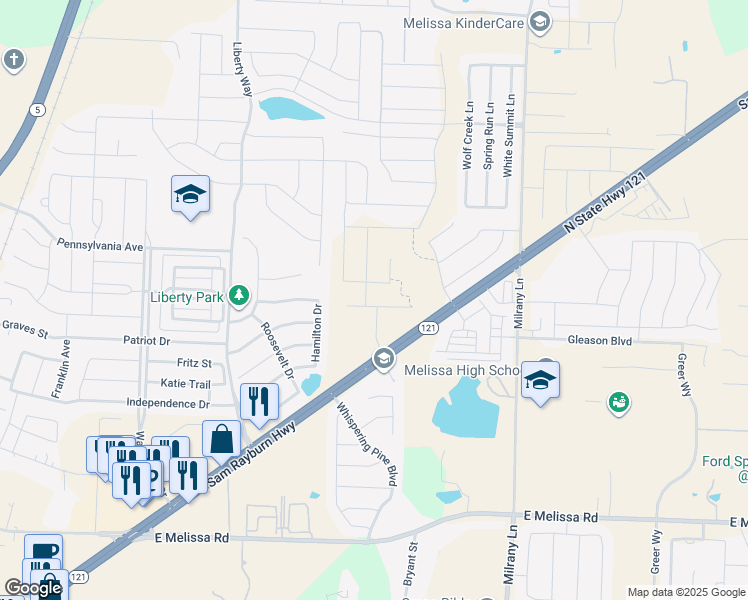 map of restaurants, bars, coffee shops, grocery stores, and more near 3311 Milrany Lane in Melissa