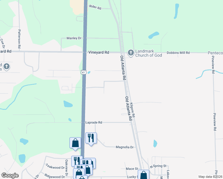 map of restaurants, bars, coffee shops, grocery stores, and more near 106 Westmoreland Drive in Griffin