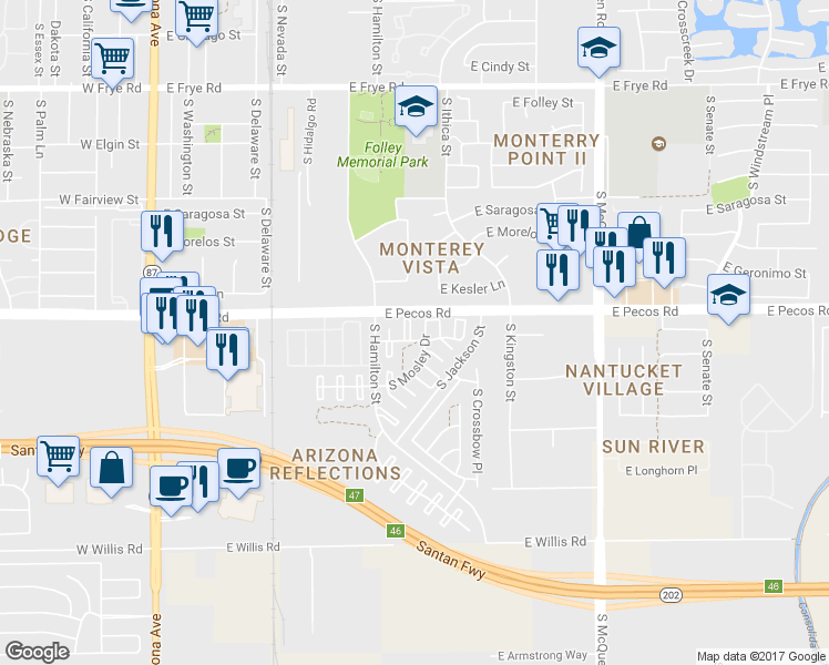 map of restaurants, bars, coffee shops, grocery stores, and more near 1033 South San Vincente Court in Chandler