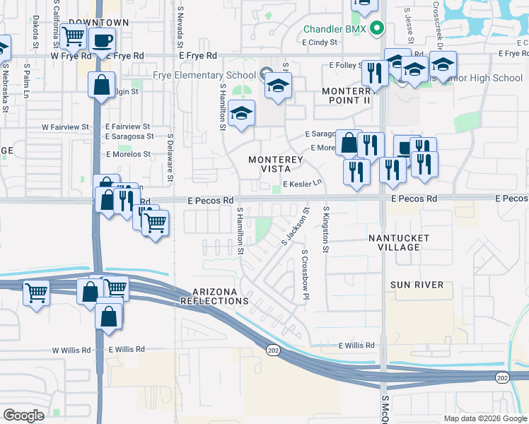 map of restaurants, bars, coffee shops, grocery stores, and more near 1033 South San Vincente Court in Chandler