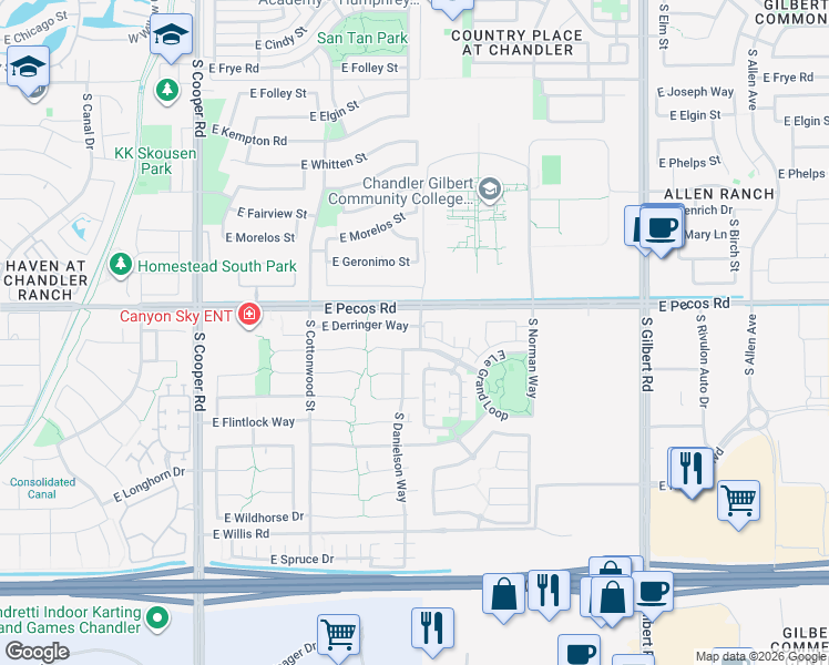 map of restaurants, bars, coffee shops, grocery stores, and more near 2600 East Springfield Place in Chandler