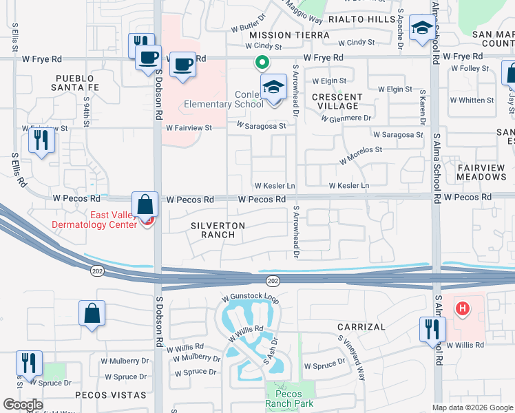 map of restaurants, bars, coffee shops, grocery stores, and more near 1640 West Springfield Way in Chandler