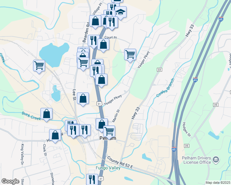 map of restaurants, bars, coffee shops, grocery stores, and more near 218 Carl Nichols Drive in Pelham