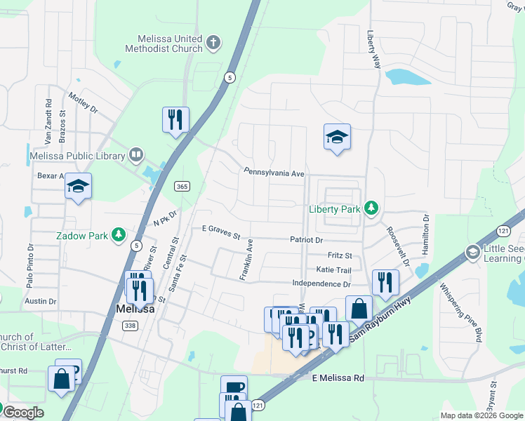 map of restaurants, bars, coffee shops, grocery stores, and more near 2212 Jackson Drive in Melissa