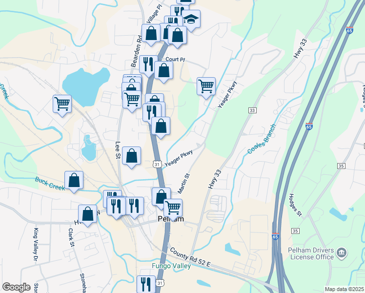 map of restaurants, bars, coffee shops, grocery stores, and more near 218 Carl Nichols Drive in Pelham