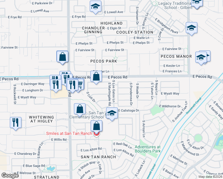 map of restaurants, bars, coffee shops, grocery stores, and more near 3465 East Longhorn Drive in Gilbert