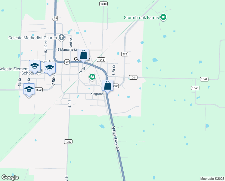 map of restaurants, bars, coffee shops, grocery stores, and more near 403 Farm to Market Road 272 in Celeste