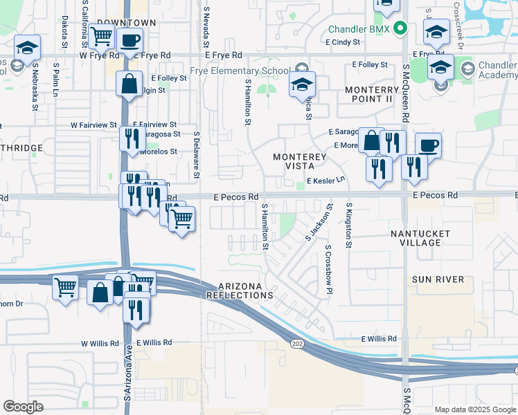 map of restaurants, bars, coffee shops, grocery stores, and more near 1033 South Fresno Street in Chandler