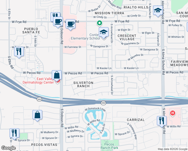 map of restaurants, bars, coffee shops, grocery stores, and more near 1640 West Springfield Way in Chandler
