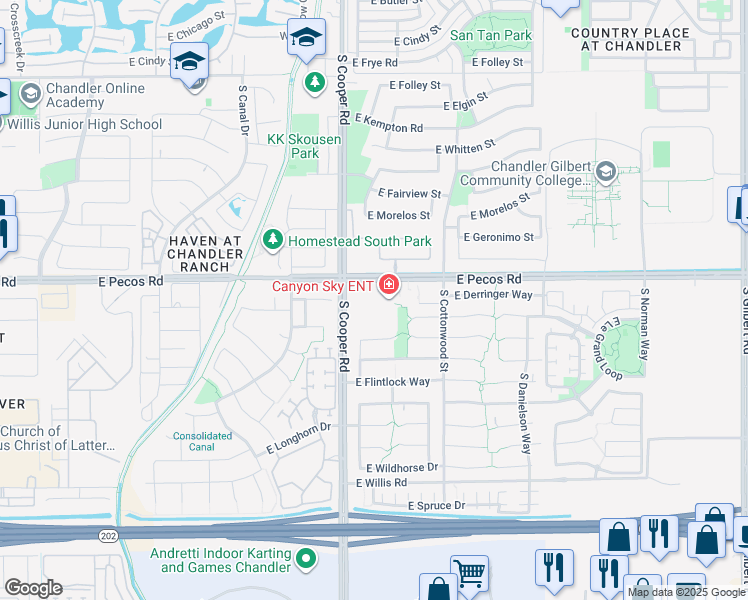 map of restaurants, bars, coffee shops, grocery stores, and more near 2075 East Pecos Road in Chandler