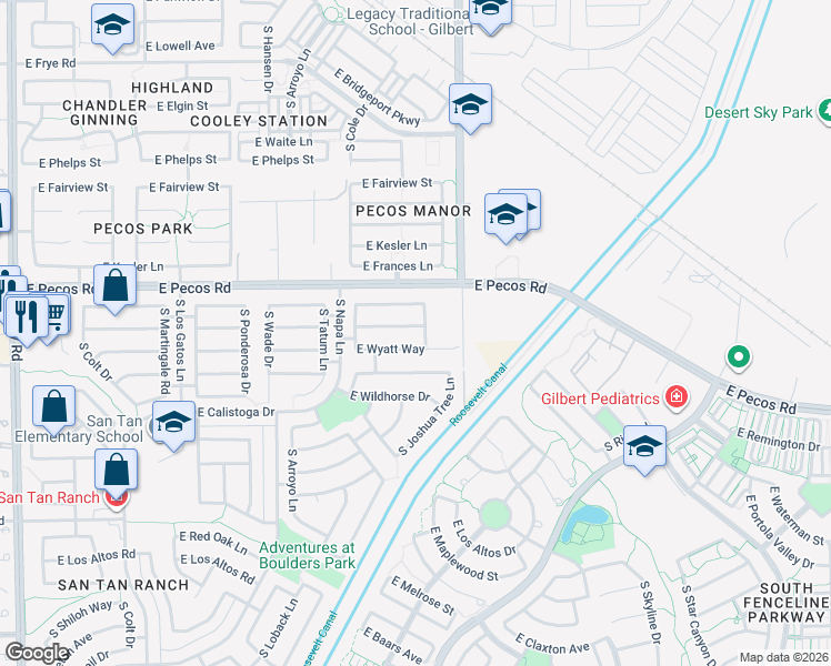 map of restaurants, bars, coffee shops, grocery stores, and more near 3279 South Loback Lane in Gilbert