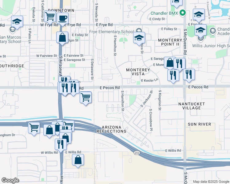 map of restaurants, bars, coffee shops, grocery stores, and more near 1033 South Fresno Street in Chandler