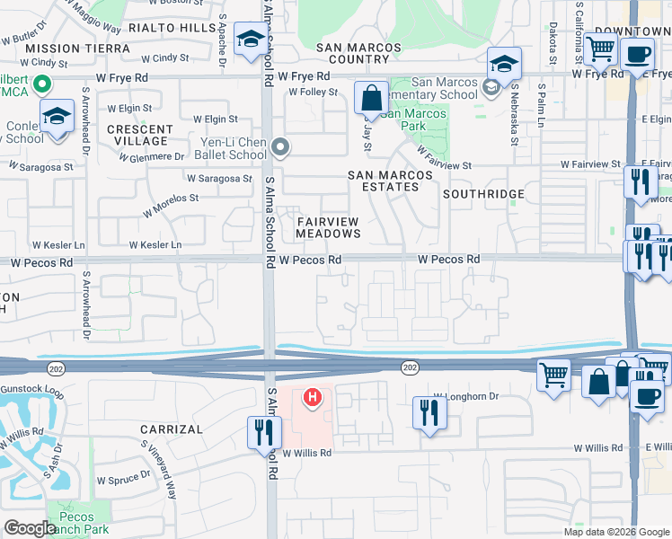 map of restaurants, bars, coffee shops, grocery stores, and more near 875 West Pecos Road in Chandler
