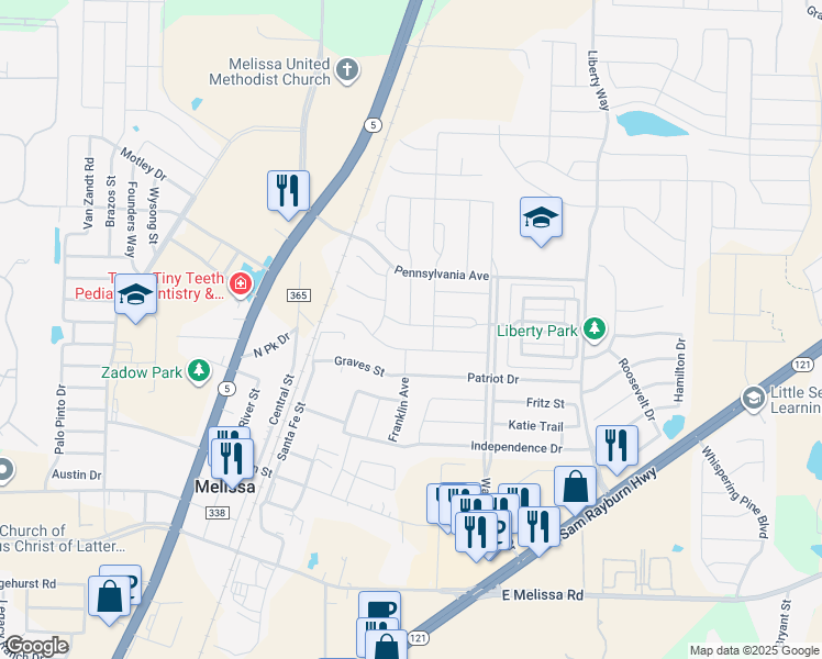map of restaurants, bars, coffee shops, grocery stores, and more near 2212 Jackson Drive in Melissa