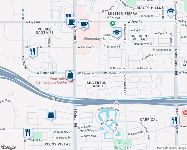 map of restaurants, bars, coffee shops, grocery stores, and more near 1810 West Derringer Way in Chandler