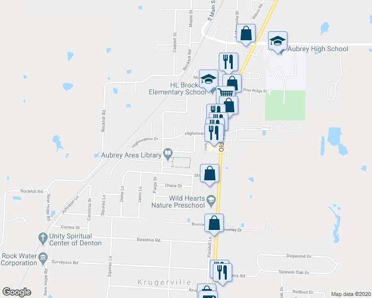 map of restaurants, bars, coffee shops, grocery stores, and more near 909 Glenview Circle in Aubrey
