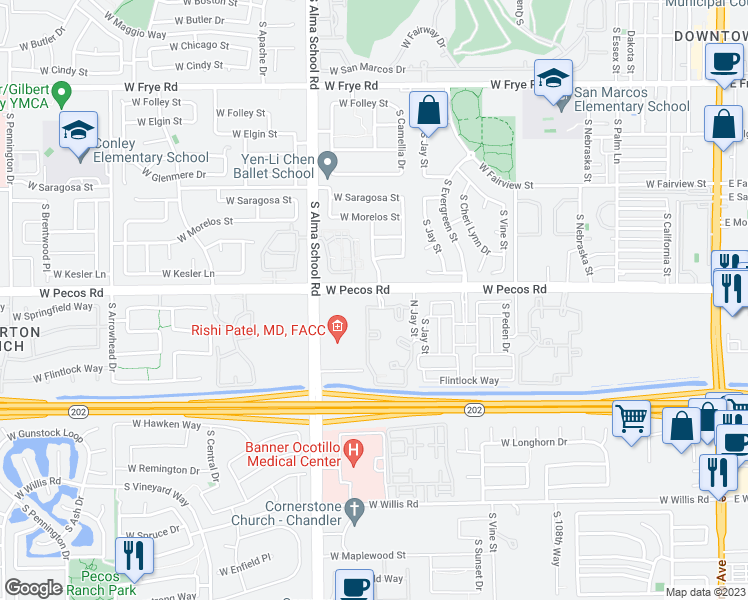 map of restaurants, bars, coffee shops, grocery stores, and more near 875 West Pecos Road in Chandler