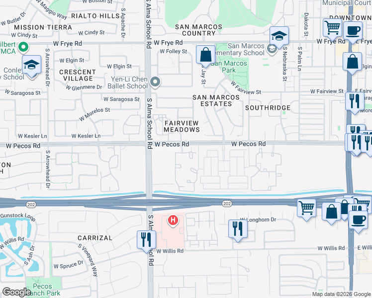 map of restaurants, bars, coffee shops, grocery stores, and more near 875 West Pecos Road in Chandler