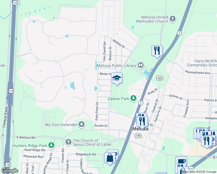 map of restaurants, bars, coffee shops, grocery stores, and more near 1117 Kaufman Road in Melissa