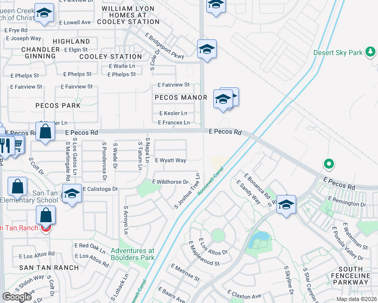 map of restaurants, bars, coffee shops, grocery stores, and more near 3279 South Loback Lane in Gilbert