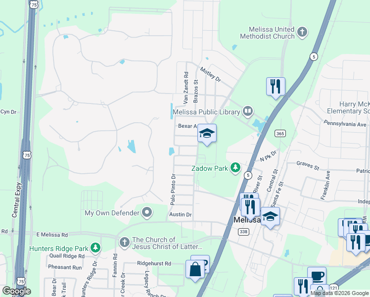 map of restaurants, bars, coffee shops, grocery stores, and more near 1117 Kaufman Road in Melissa